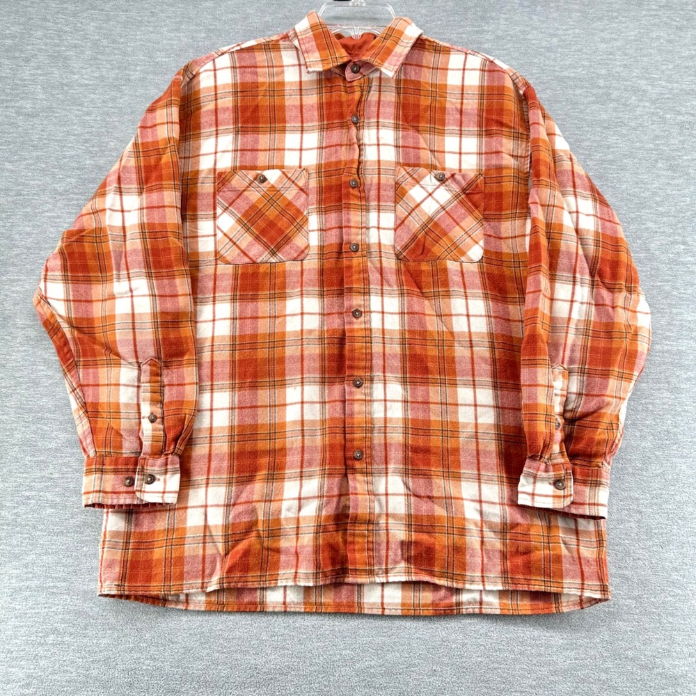 John Blair Shirt Mens Large Orange Plaid Flannel Button Up Long Sleeve Lined